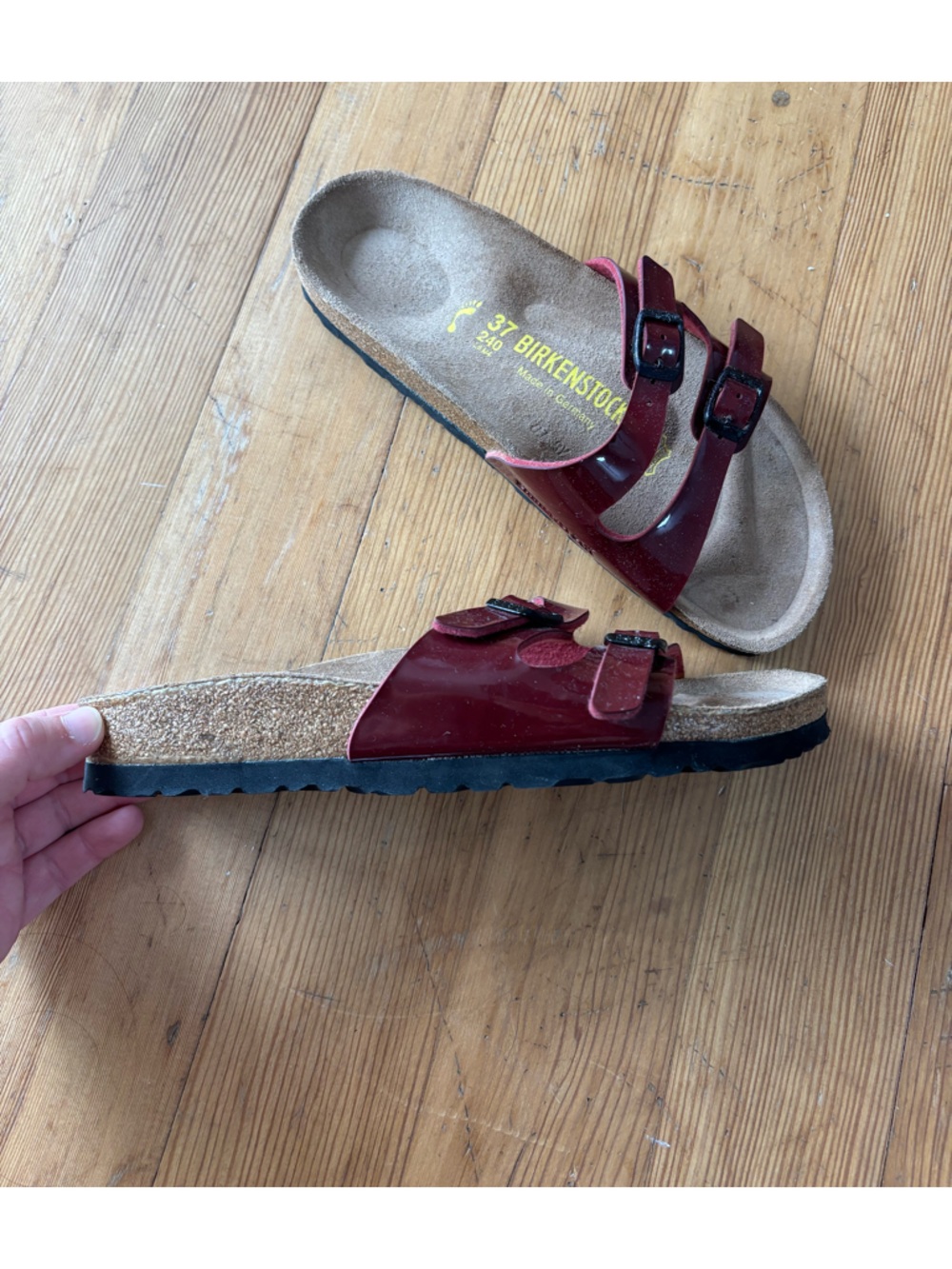 Birkenstock Two Strap Patent Burgundy Red Strappy Sandals Size 37